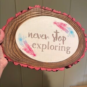 Rustic Wood Plaque with Pink and Blue Feathers